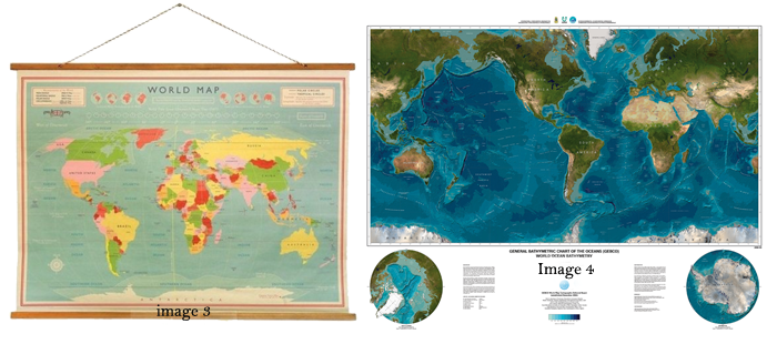 Wereldkaart en Wereldkaart + 2 stereografische projectie's (platgeslagen) 